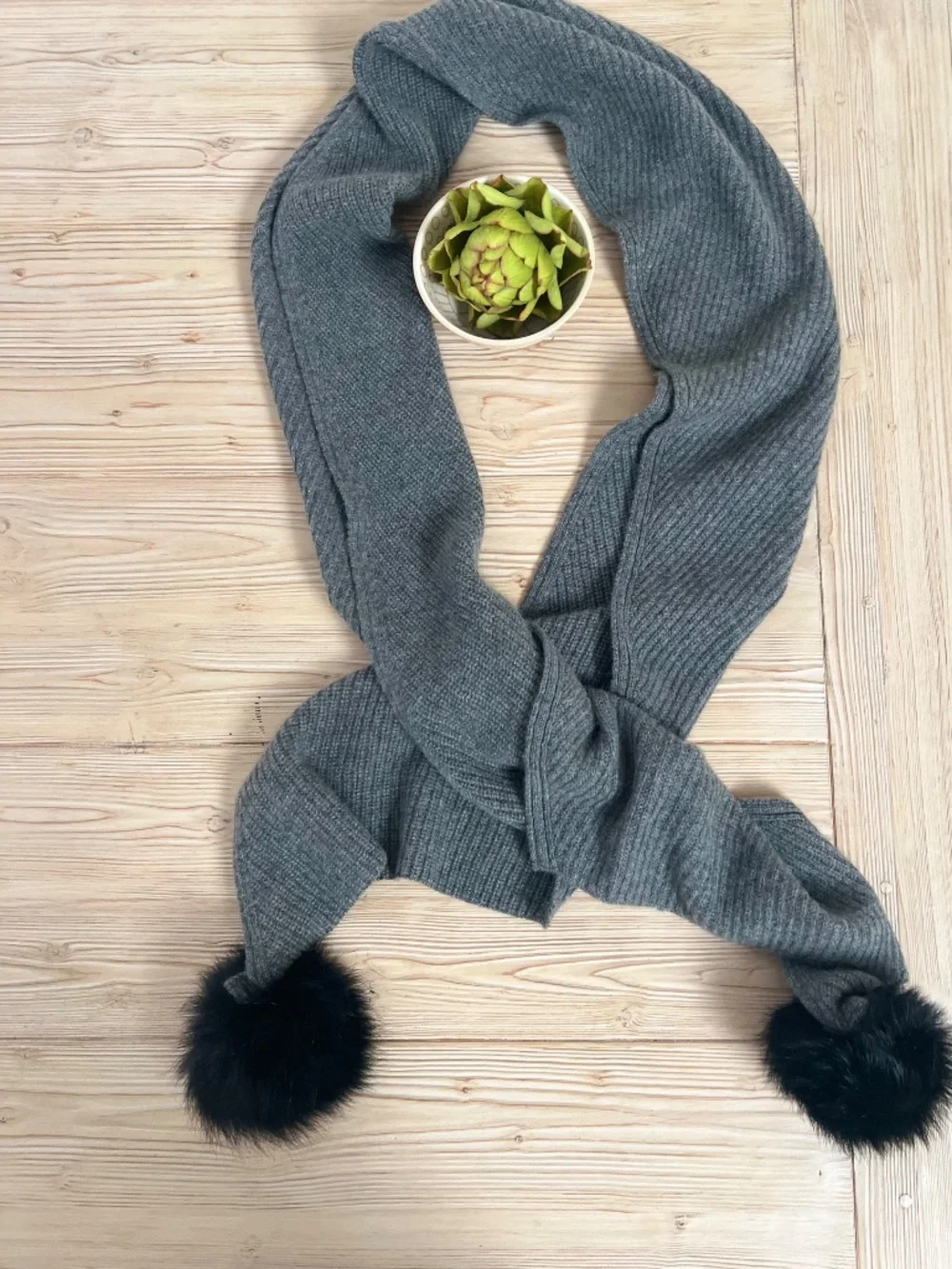 Rag & Bone 100% Cashmere Scarf Gray Black Fur Pom Poms